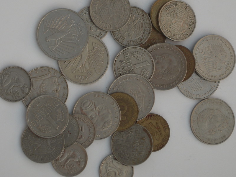 A small pile of coins of the Federal Republic of Germany, 10 pf through 5 DM